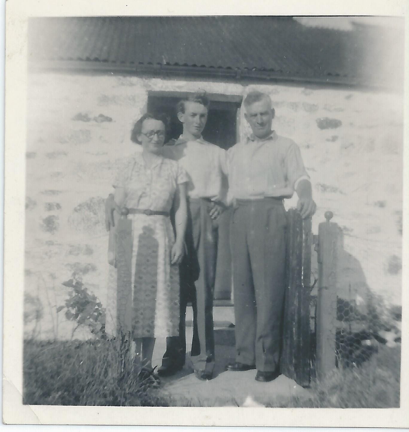 Granny, Grandpa and dad, Asknish Cottage, 1950s